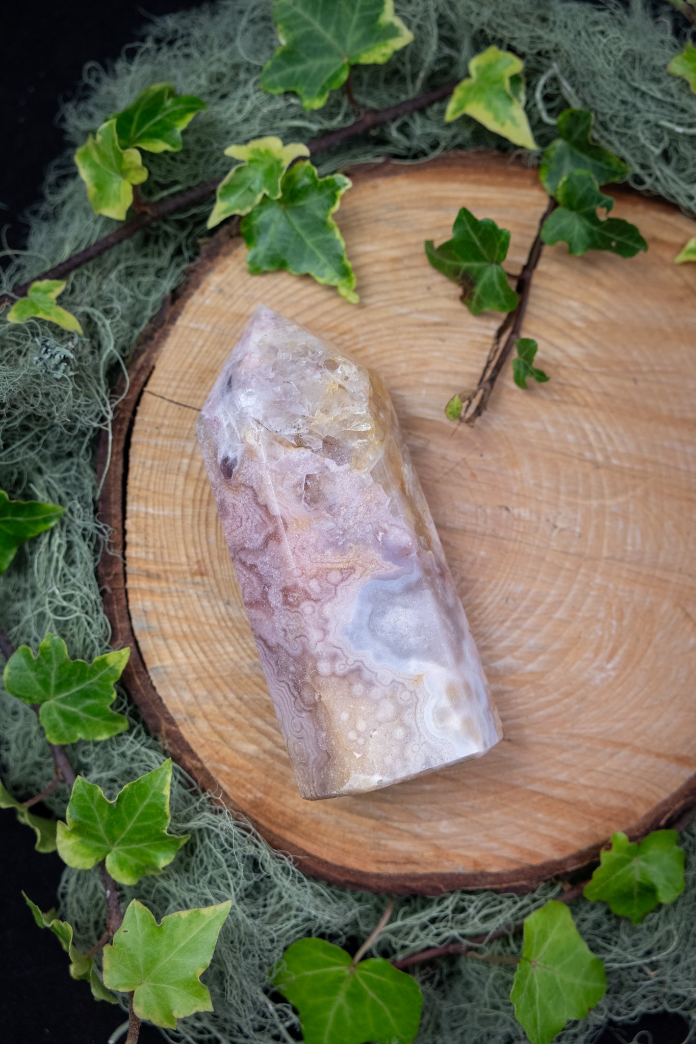 Pink Amethyst with Moss Agate Point Crystal Gem Tower Healing Stone for Calming Energy Heart Healing Nature Connection