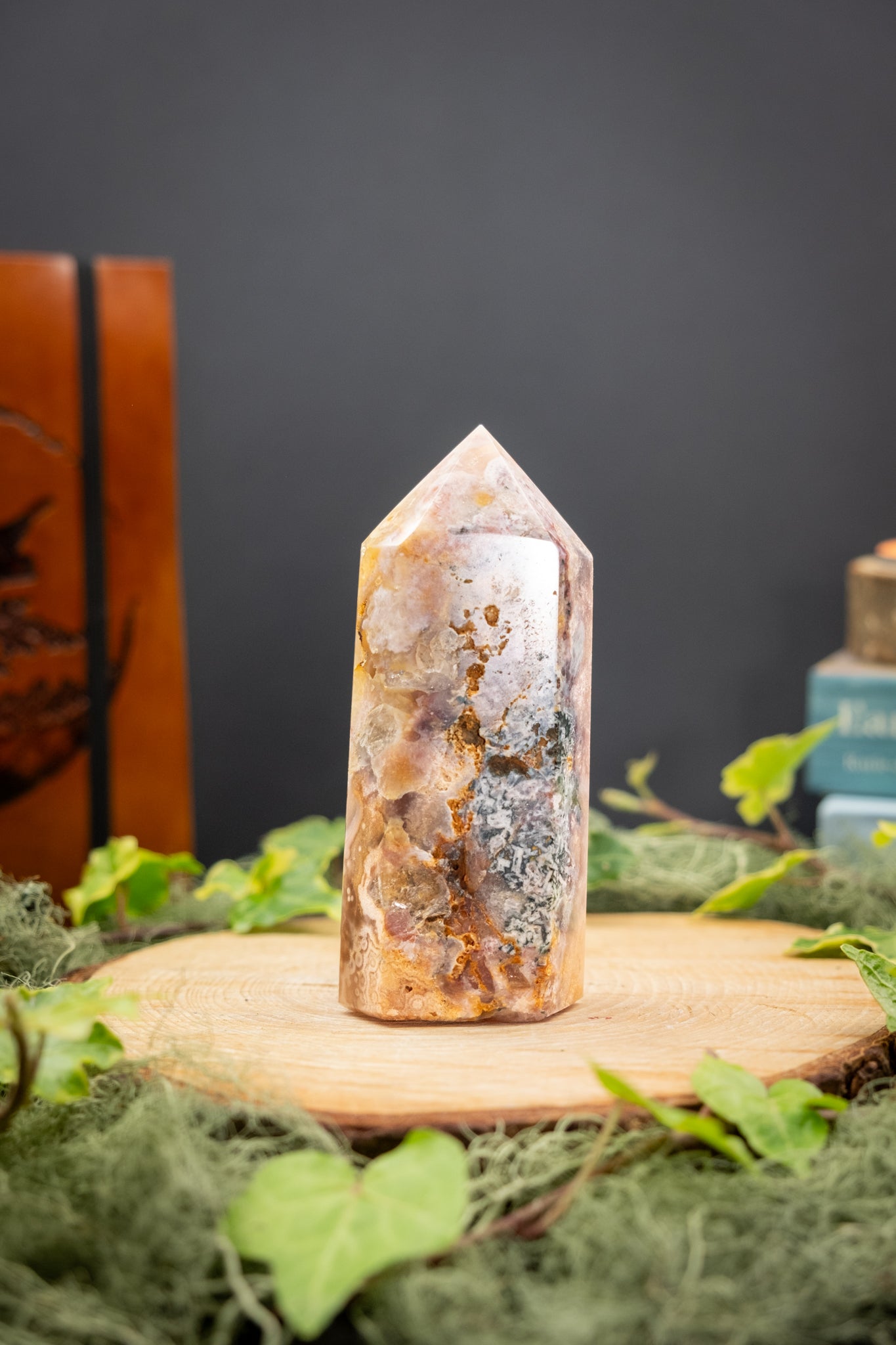 Pink Amethyst with Moss Agate Point Crystal Gem Tower Healing Stone for Calming Energy Heart Healing Nature Connection