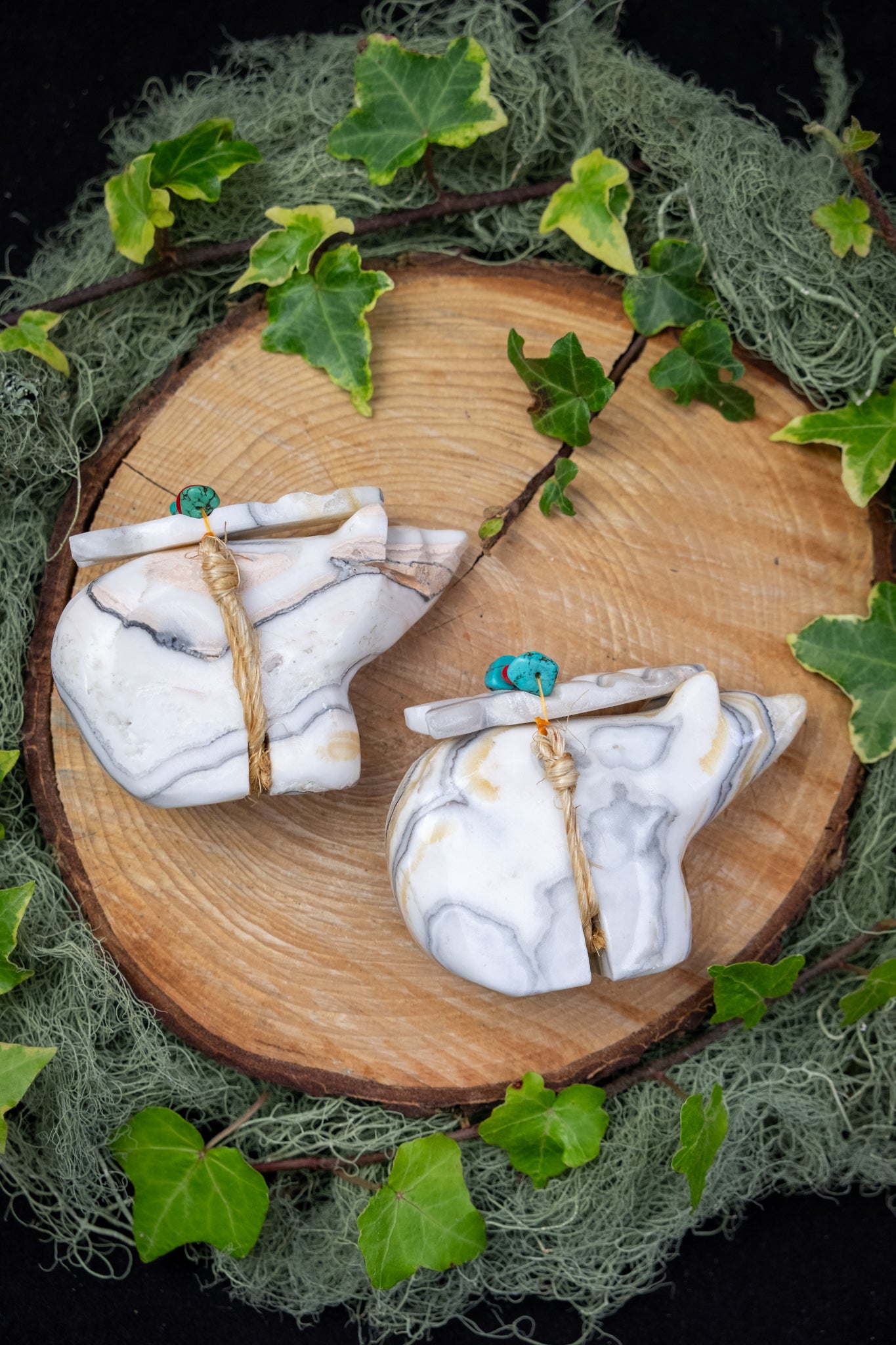 Zebra Calcite Totem Bear Statue, Hand Carved Healing Stone, Protective Spirit Animal, Strength, Grounding Energy, Turquoise Bead Offering