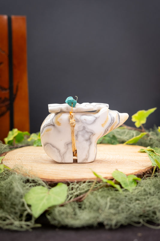 Zebra Calcite Totem Bear Statue, Hand Carved Healing Stone, Protective Spirit Animal, Strength, Grounding Energy, Turquoise Bead Offering