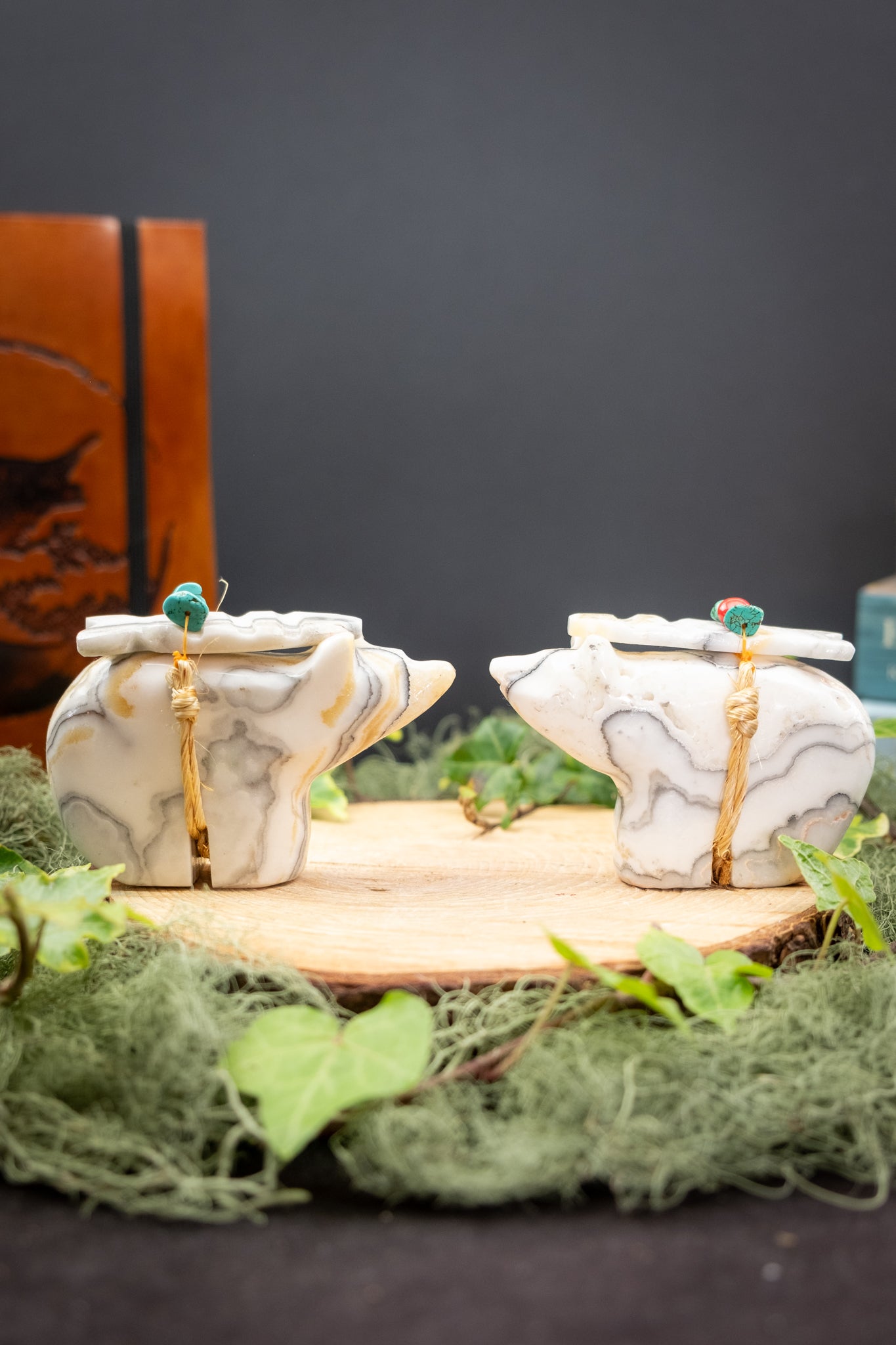 Zebra Calcite Totem Bear Statue, Hand Carved Healing Stone, Protective Spirit Animal, Strength, Grounding Energy, Turquoise Bead Offering