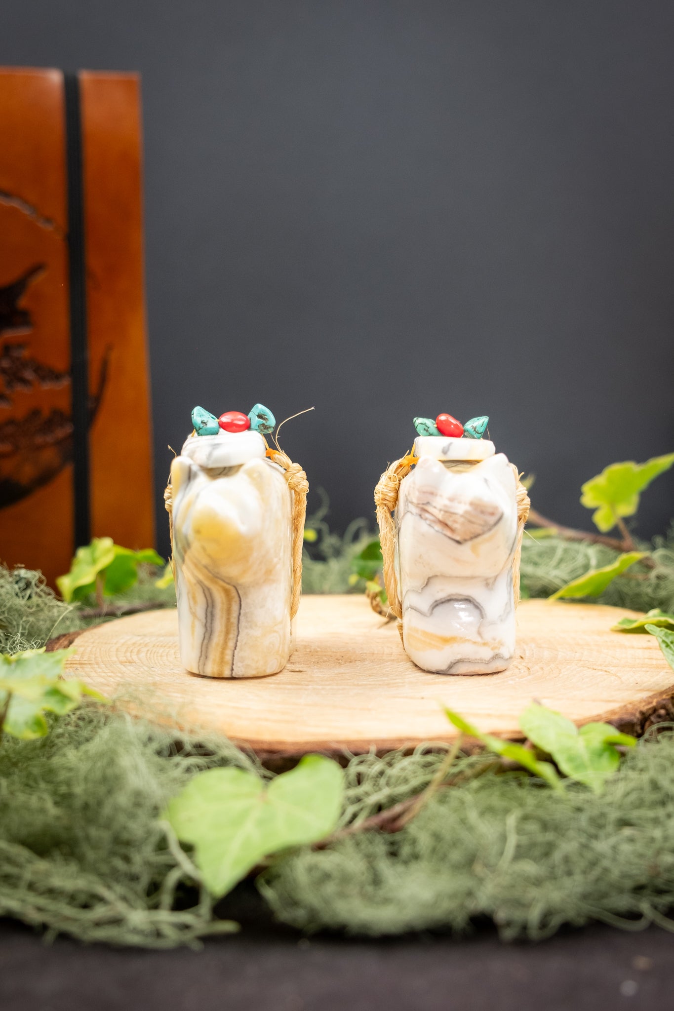 Zebra Calcite Totem Bear Statue, Hand Carved Healing Stone, Protective Spirit Animal, Strength, Grounding Energy, Turquoise Bead Offering