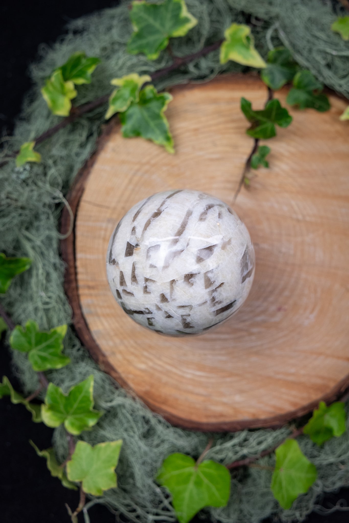 Rare Moonstone Sphere with Smoky Quartz Inclusions, High Grade Gemstone Orb for Intuition, Protection, Clarity and Emotional Balance