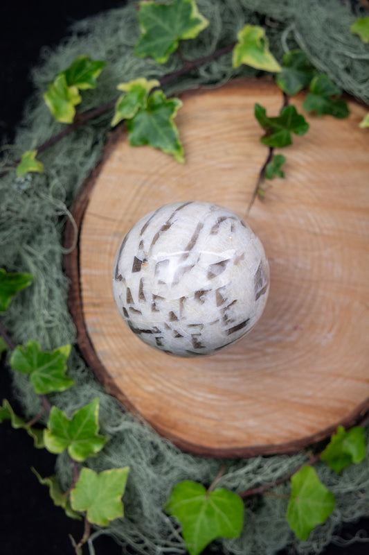 Rare Moonstone Sphere with Smoky Quartz Inclusions, High Grade Gemstone Orb for Intuition, Protection, Clarity and Emotional Balance