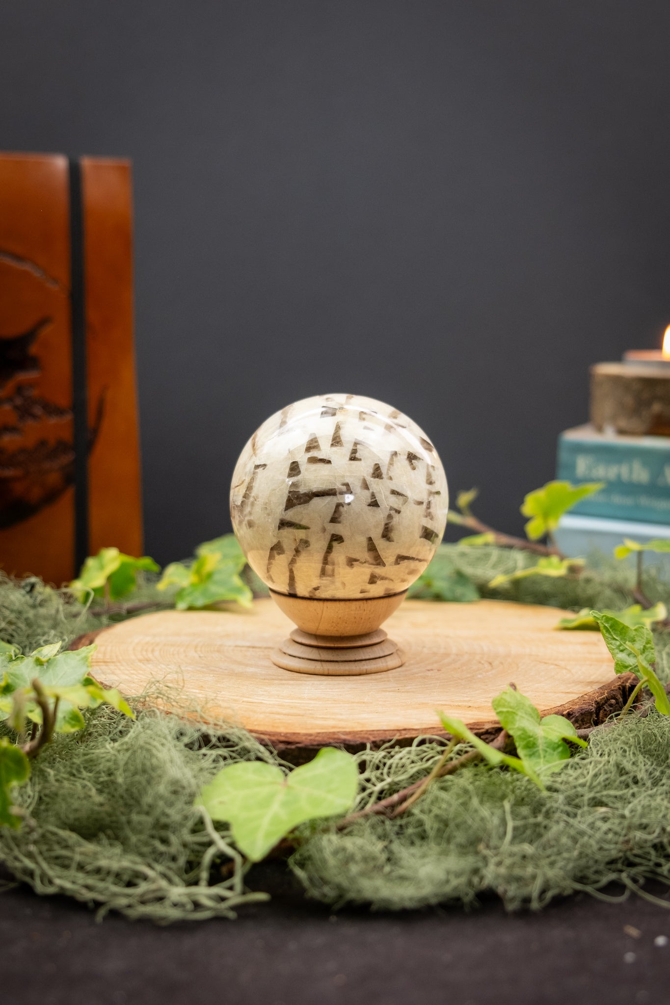 Rare Moonstone Sphere with Smoky Quartz Inclusions, High Grade Gemstone Orb for Intuition, Protection, Clarity and Emotional Balance