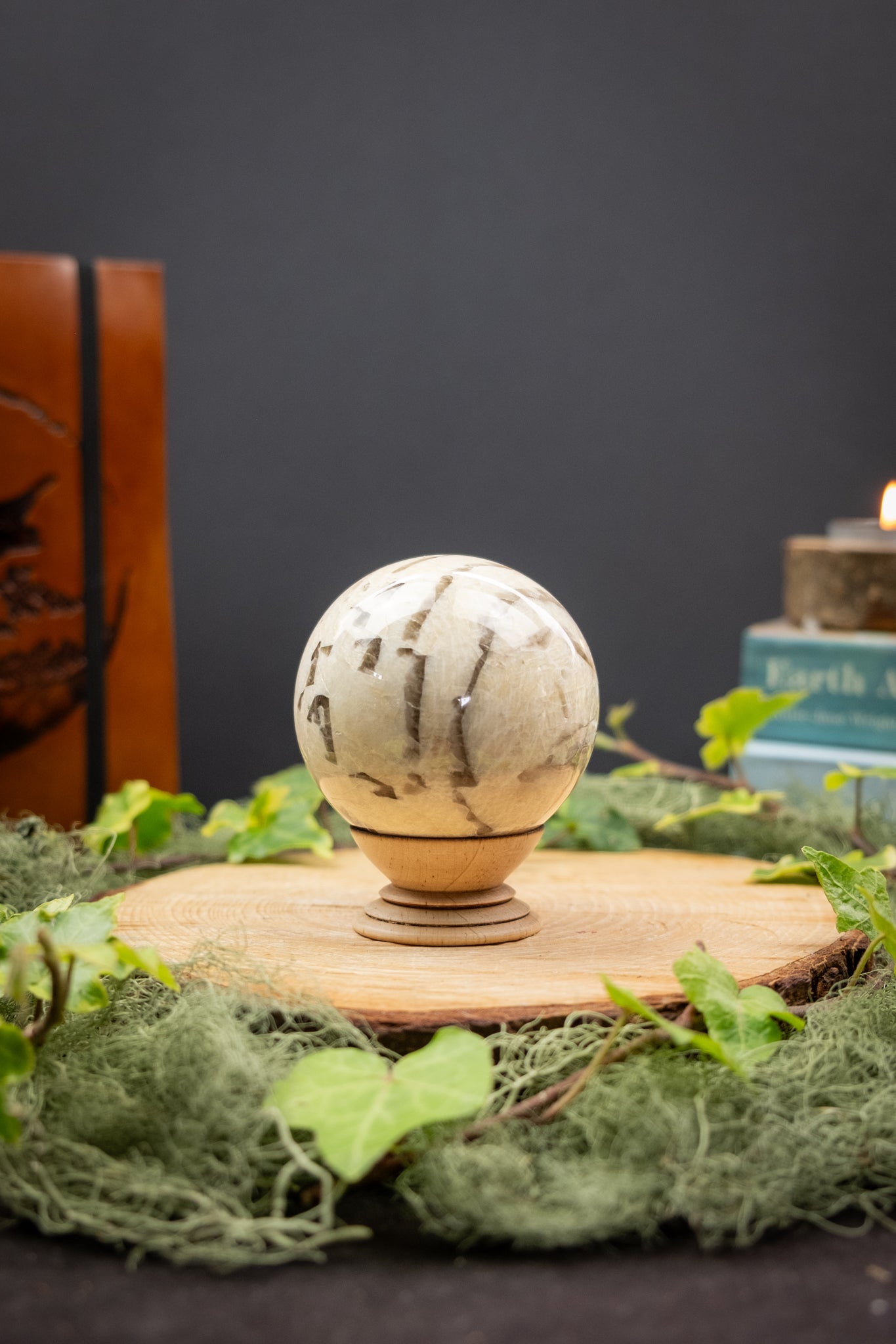 Rare Moonstone Sphere with Smoky Quartz Inclusions, High Grade Gemstone Orb for Intuition, Protection, Clarity and Emotional Balance