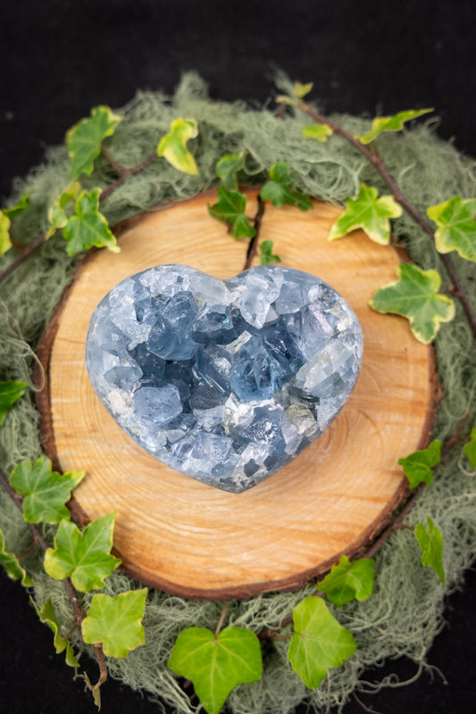 High Grade Celestite Heart Crystal, Polished Gemstone Heart with Raw Geode Centre for Calm, Clarity and Angelic Energy