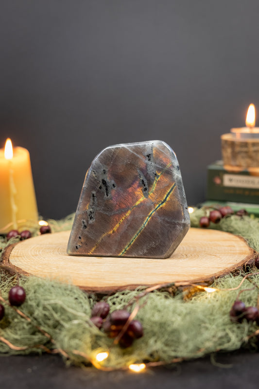 High Grade Sunset Labradorite Polished Stone, Rare Pink Purple Gold Flash, Madagascan Gem for Intuition and Light