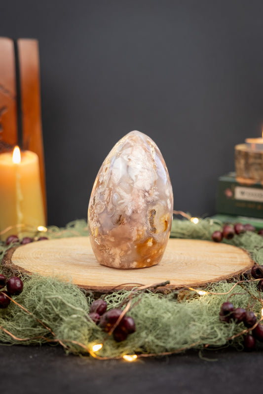 Flower Agate Freeform Crystal Stone, Polished Madagascan Agate with Natural Drusy Caves, Grounded Growth and Gentle Expansion