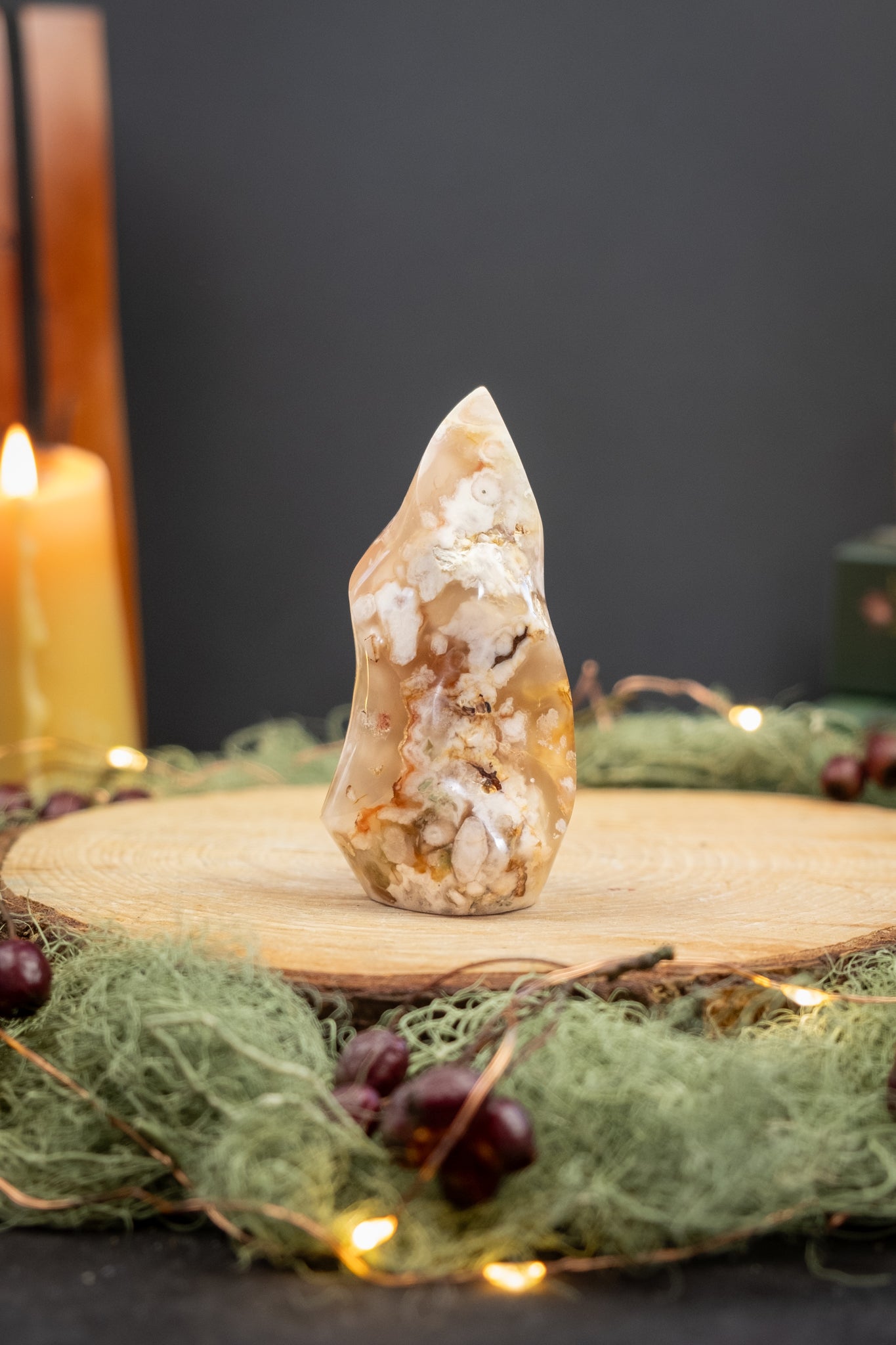 Flower Agate Flame Crystal from Madagascar, Nurturing Growth Manifestation Stone for New Beginnings Creativity and Gentle Strengt