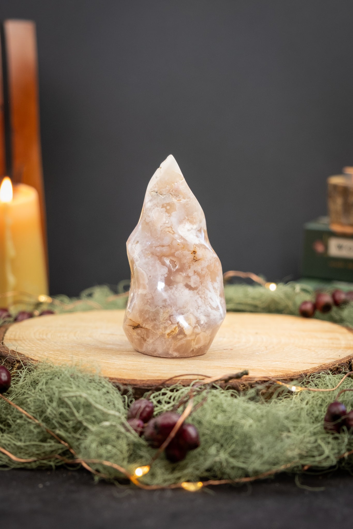 Flower Agate Flame Crystal from Madagascar, Nurturing Growth Manifestation Stone for New Beginnings Creativity and Gentle Strengt