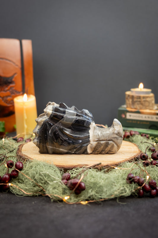 Volcano Agate Dragon Head Carving, UV Reactive Crystal Stone for Protection and Transformation, Ethically Sourced China