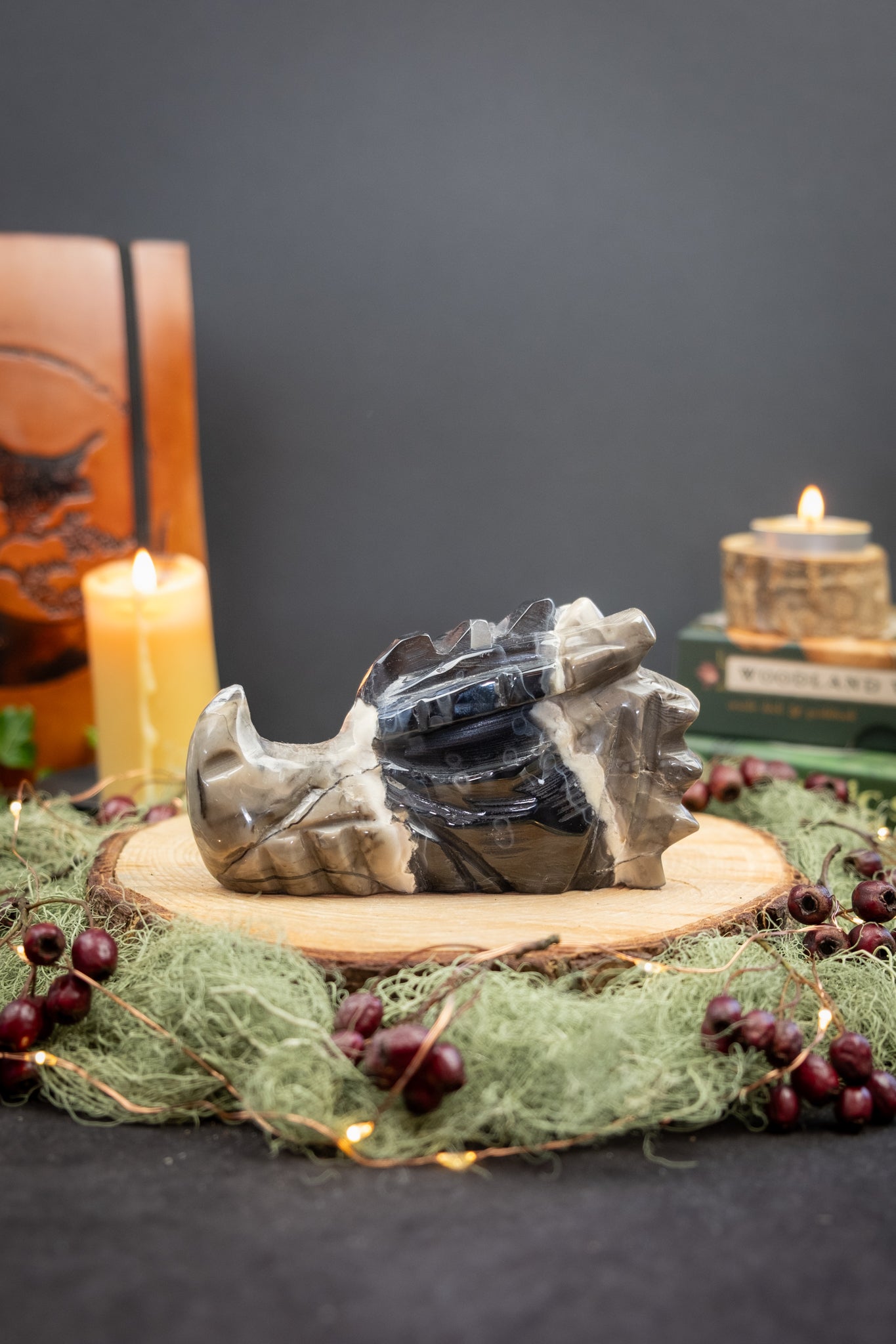 Volcano Agate Dragon Head Carving, UV Reactive Crystal Stone for Protection and Transformation, Ethically Sourced China