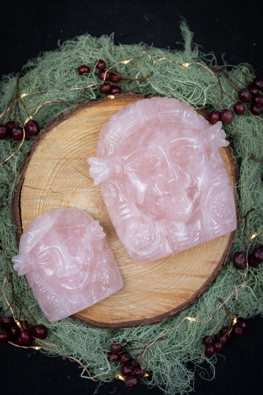 Exceptional Rose Quartz Hathor Carving, Hand Carved Goddess Crystal, High Grade Love and Heart Healing Stone