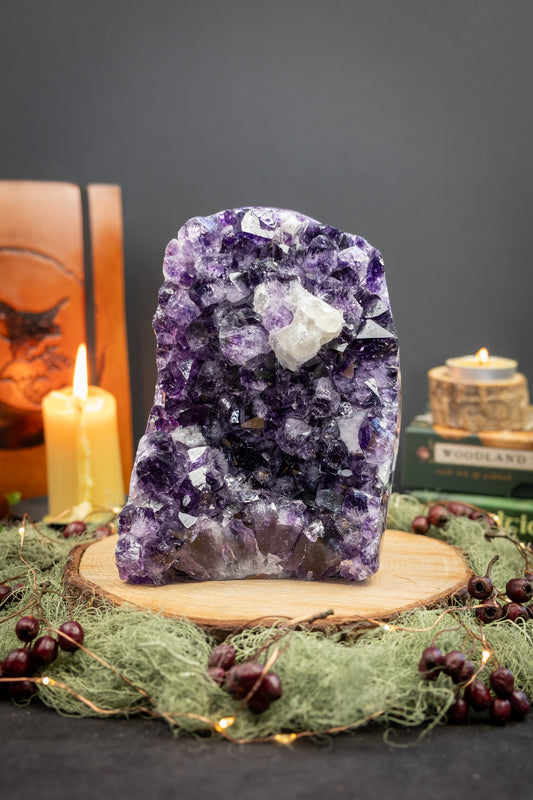 Deep Purple Amethyst Cluster from Uruguay, Cut Base Crystal, Near Black Amethyst with Calcite, High Grade Sparkling Natural Stone