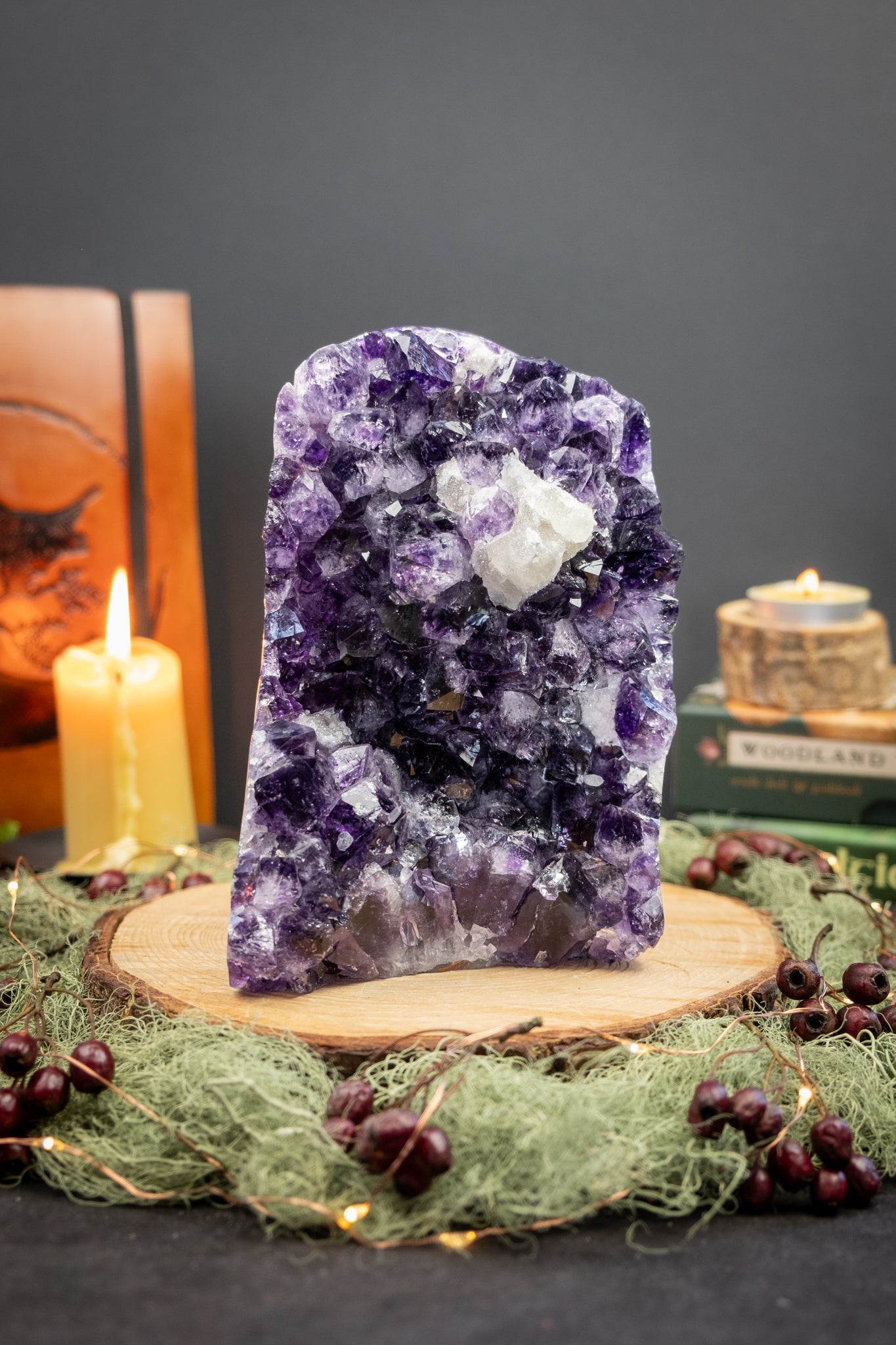 Deep Purple Amethyst Cluster from Uruguay, Cut Base Crystal, Near Black Amethyst with Calcite, High Grade Sparkling Natural Stone