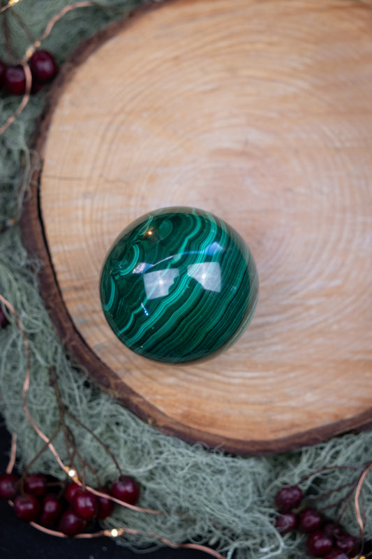 Malachite Sphere Crystal for Transformation and Heart Healing, Polished Green Malachite Stone from the Congo