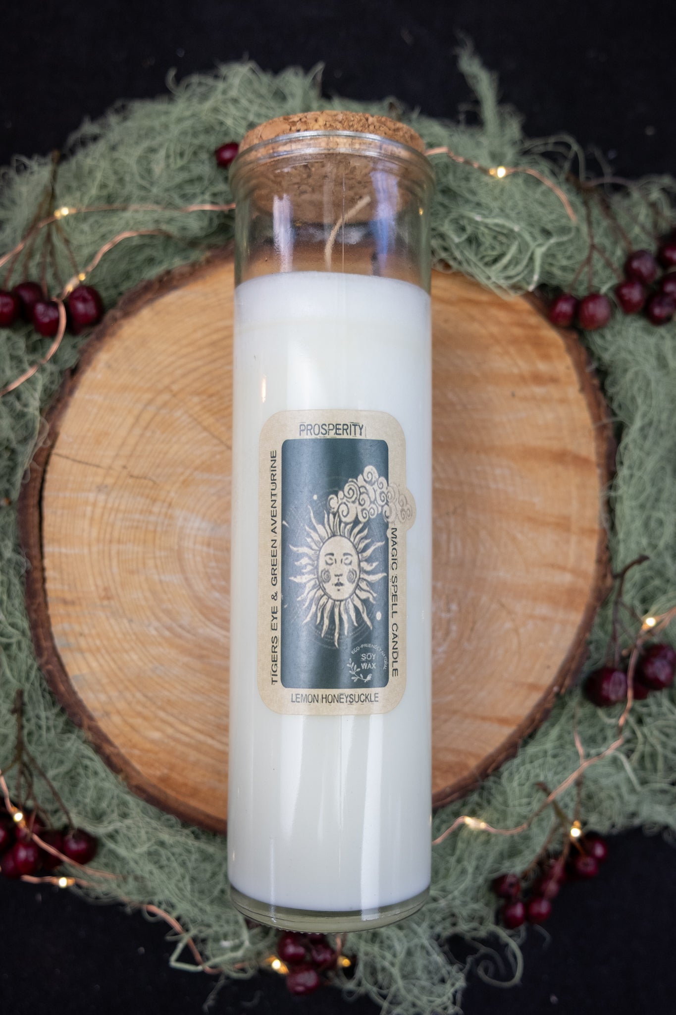 Magic Spell Candle Prosperity with Tiger Eye, Green Aventurine, Lemon Honeysuckle Soy Wax Intention Candle