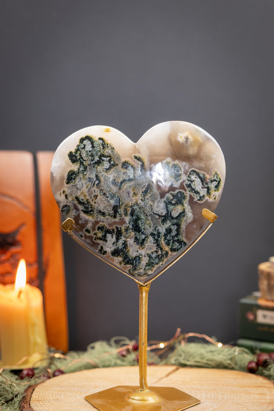 Moss Agate Heart on Stand, Polished Crystal Heart for Grounding and Growth, Ethically Sourced from Indonesia