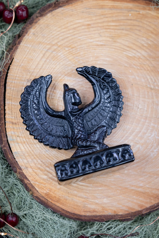 Isis Goddess Carving in Black Obsidian, Hand Carved Sacred Feminine Statue, Protection and Grounding Crystal, Ancient Egyptian Goddess
