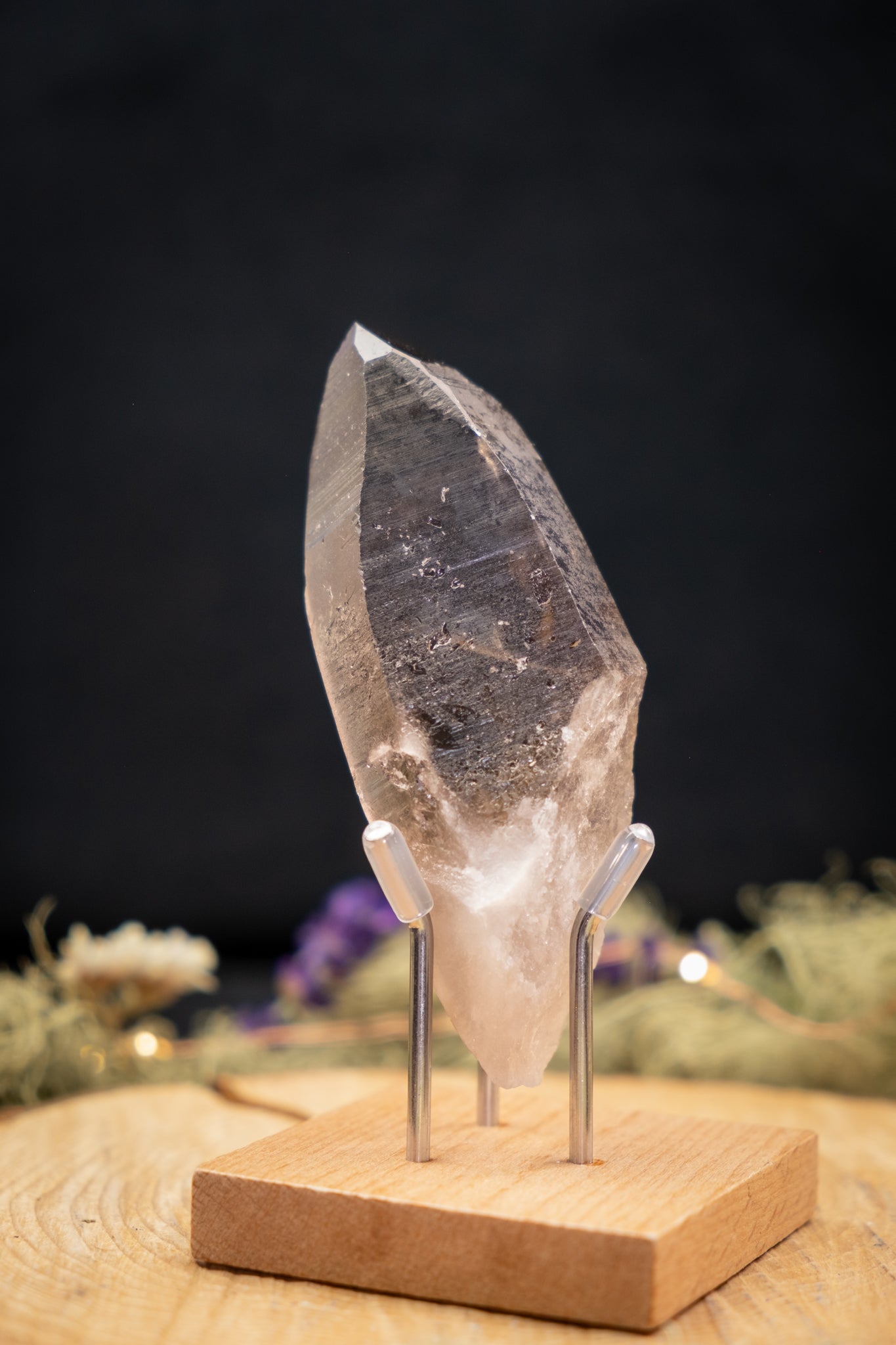 Smokey Lemurian Quartz Point on Stand