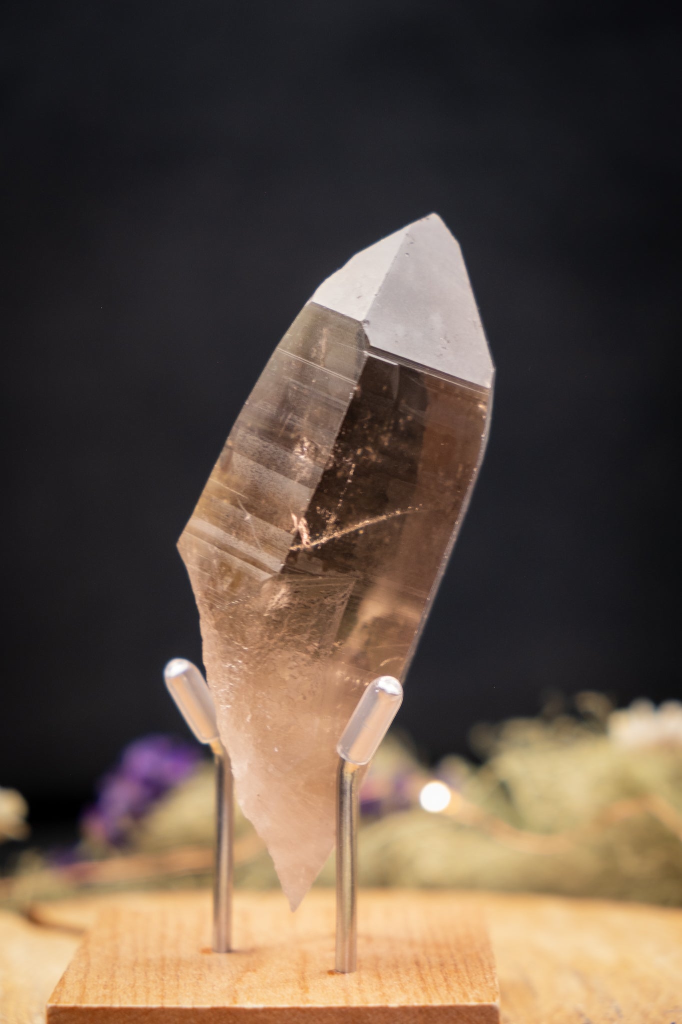 Smokey Lemurian Quartz Point on Stand