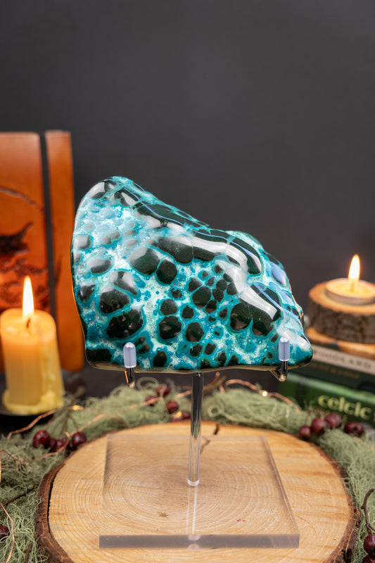Malacholla Freeform with Stand, Chrysocolla and Malachite Stone, Heart Healing Crystal, Emotional Balance and Inner Calm