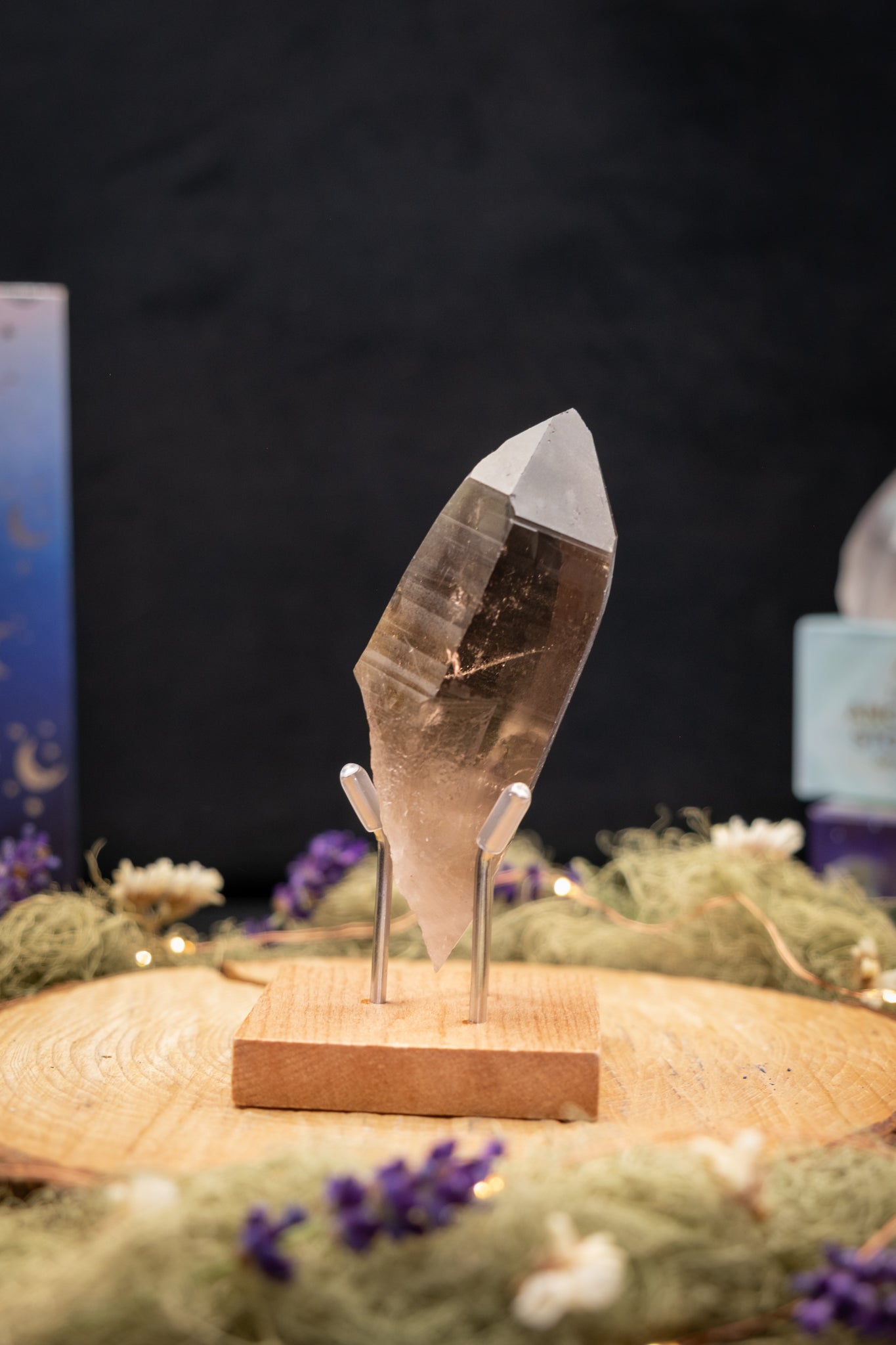 Smokey Lemurian Quartz Point on Stand