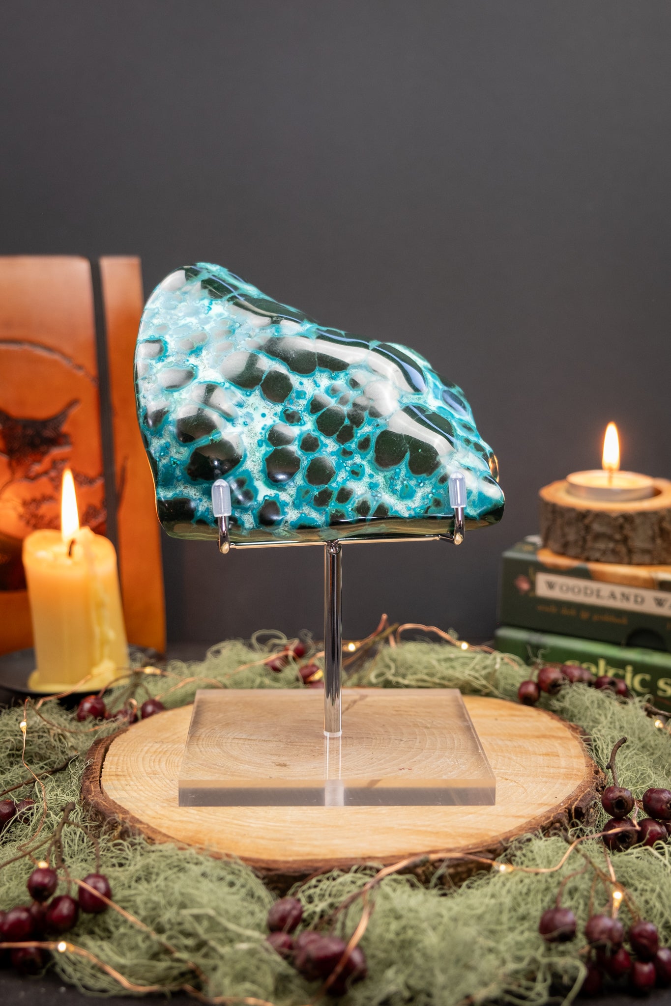 Malacholla Freeform with Stand, Chrysocolla and Malachite Stone, Heart Healing Crystal, Emotional Balance and Inner Calm