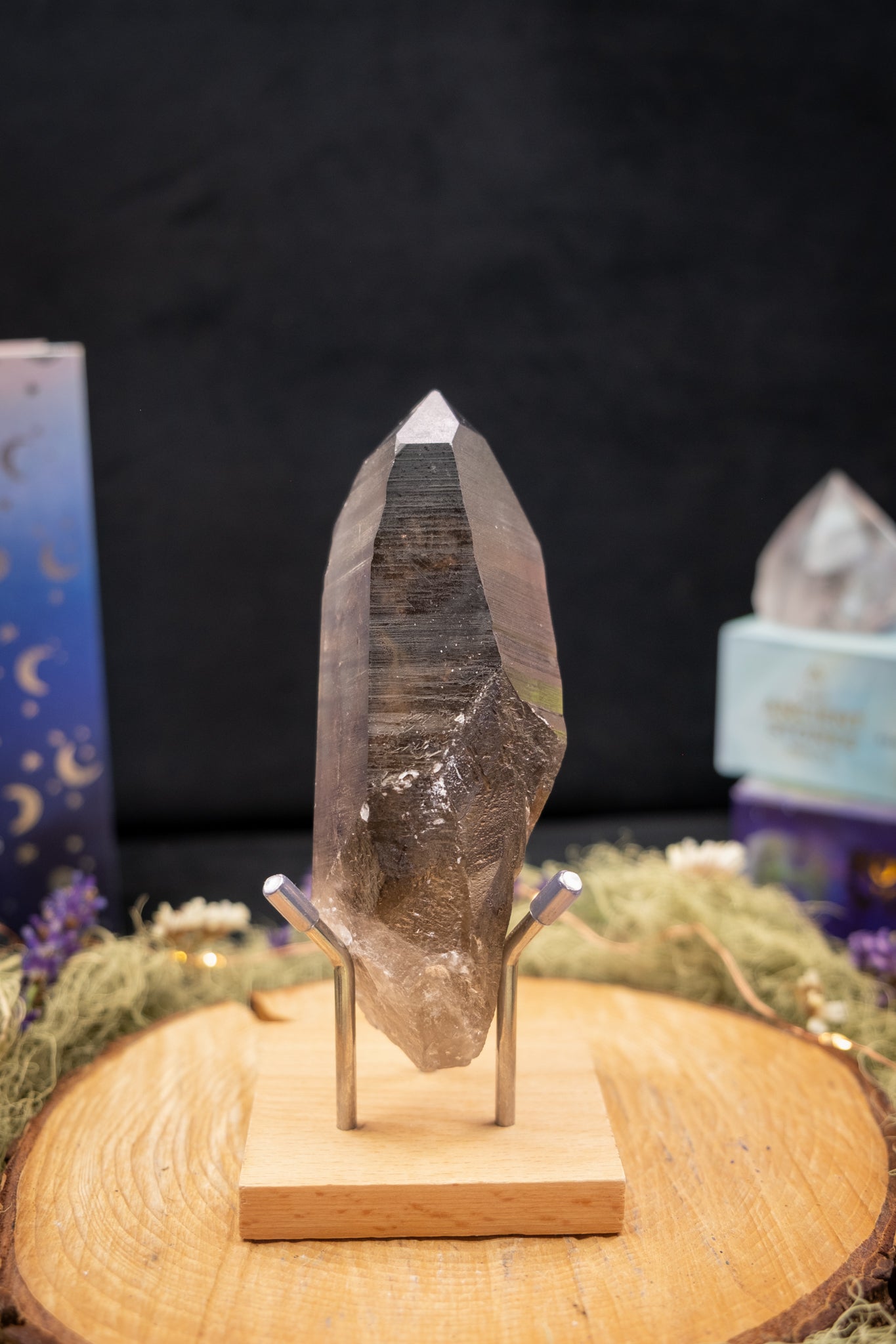Smokey Lemurian Quartz Point on Stand