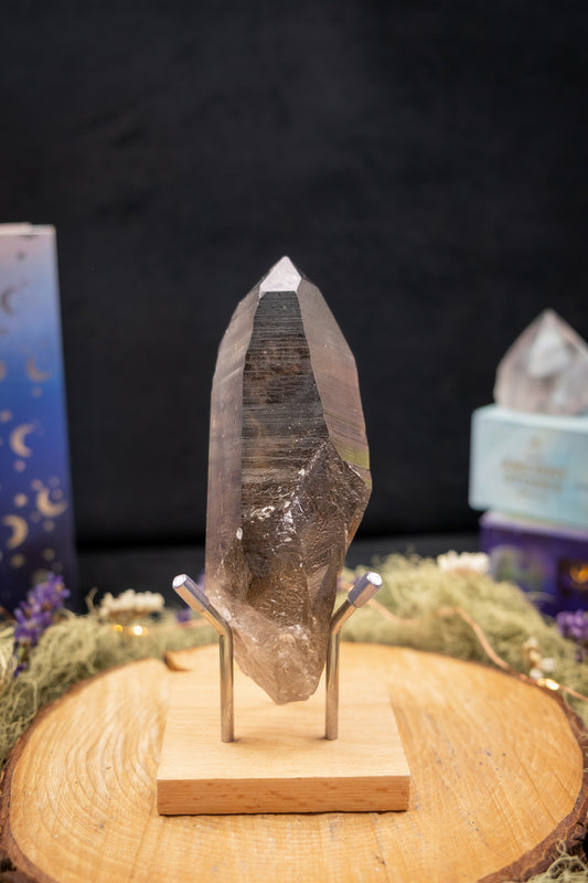 Smokey Lemurian Quartz Point on Stand