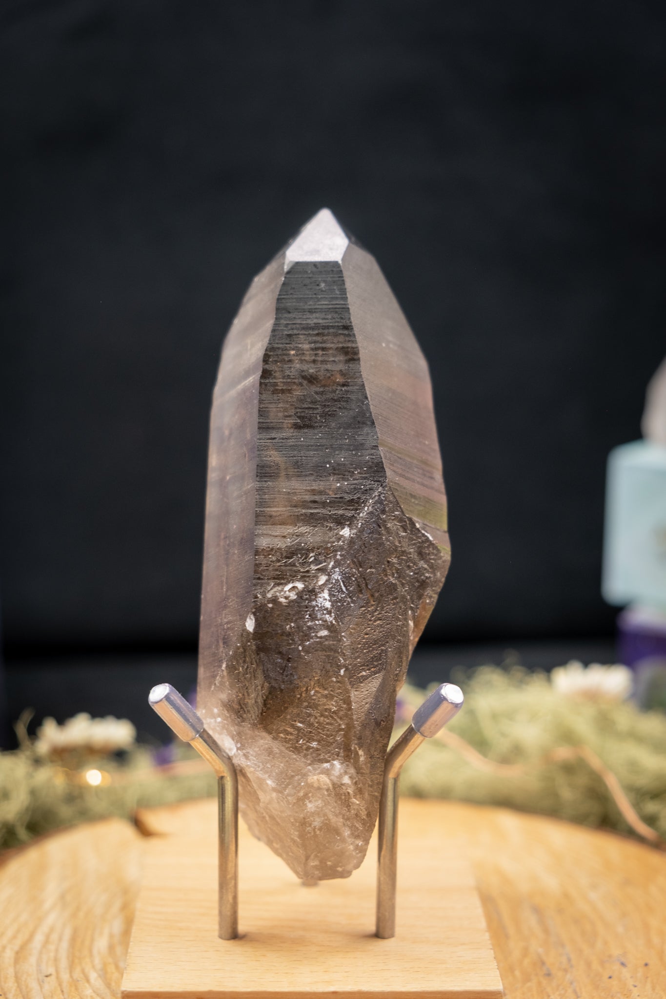 Smokey Lemurian Quartz Point on Stand