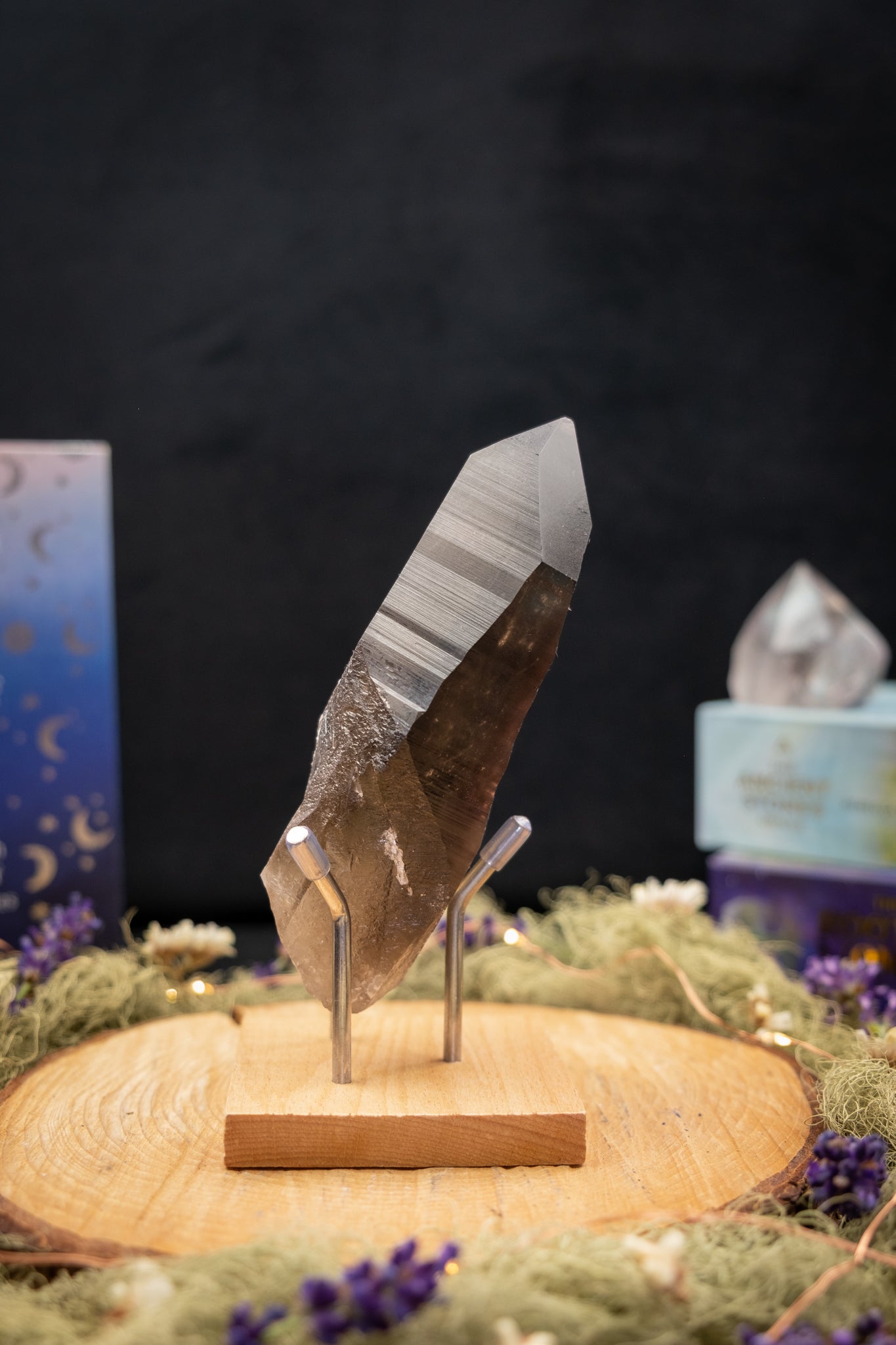 Smokey Lemurian Quartz Point on Stand