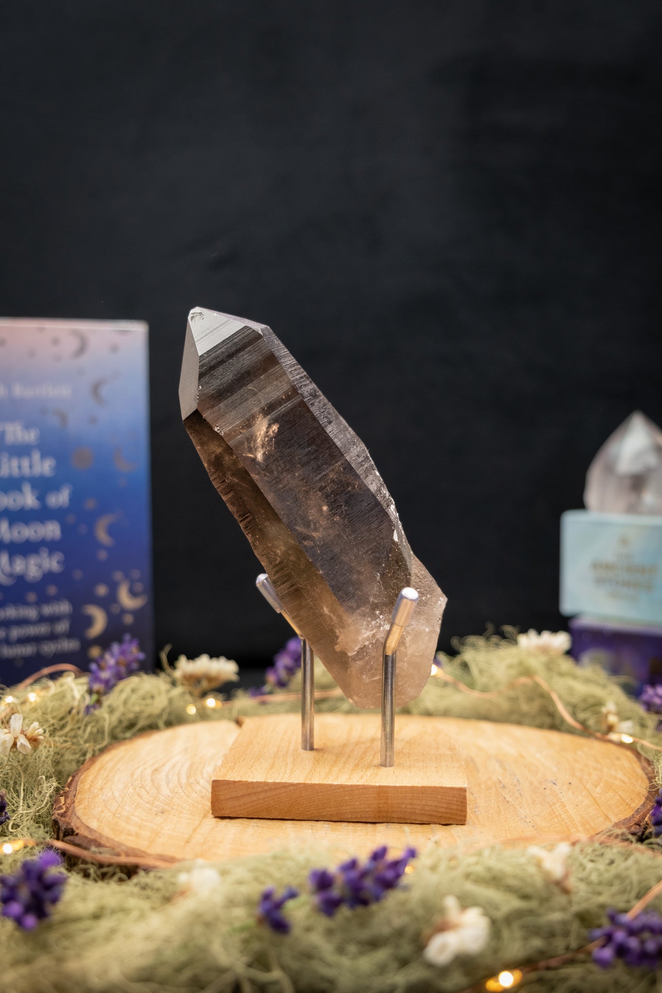 Smokey Lemurian Quartz Point on Stand