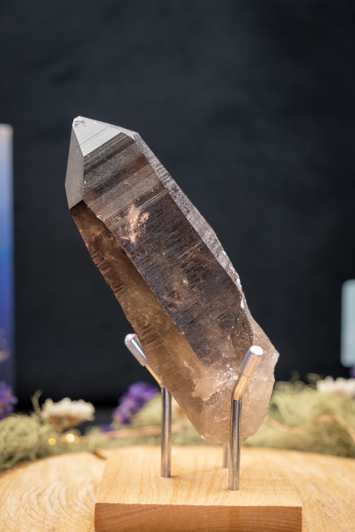 Smokey Lemurian Quartz Point on Stand