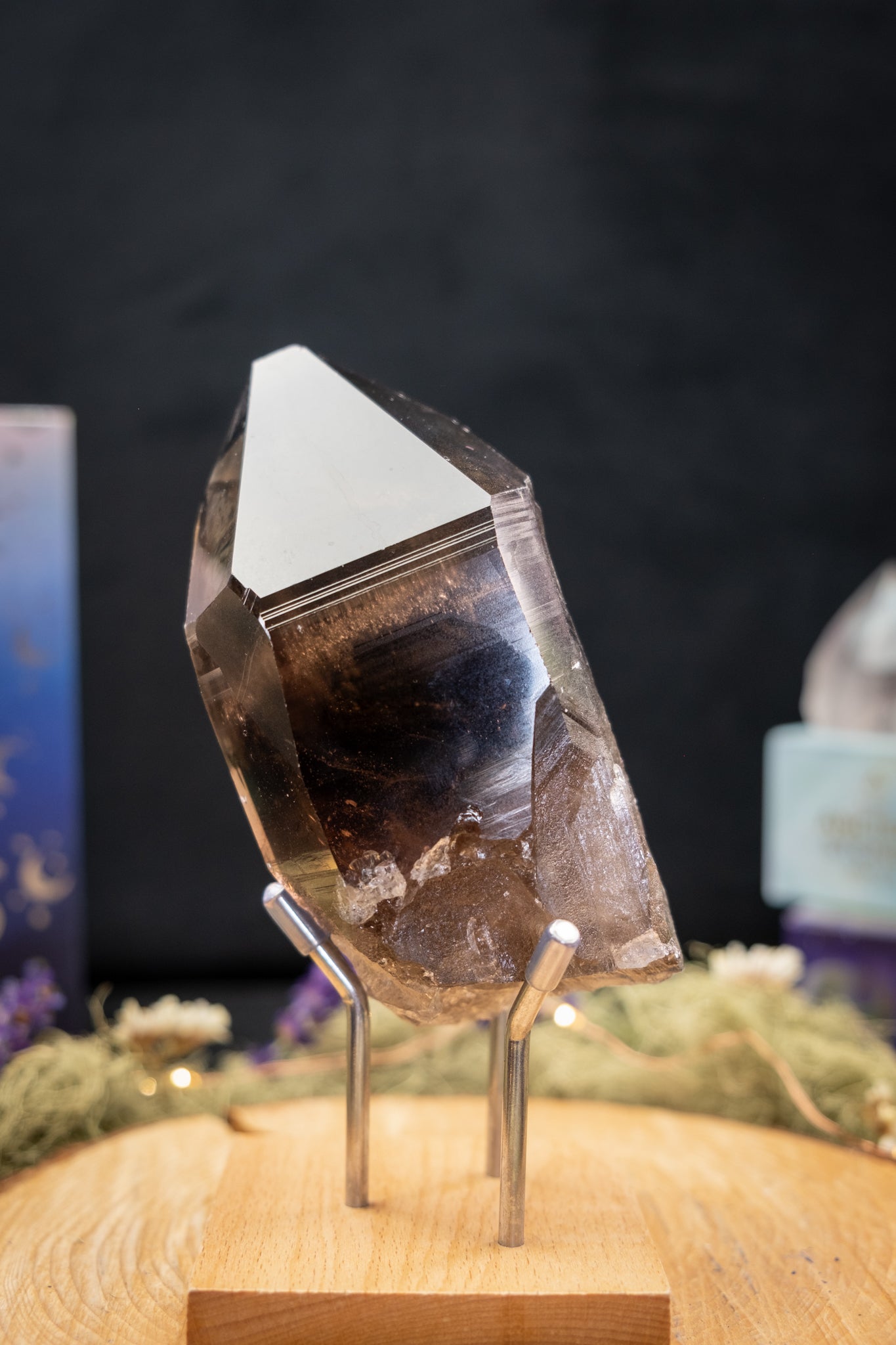 Smokey Lemurian Quartz Key Point on Stand