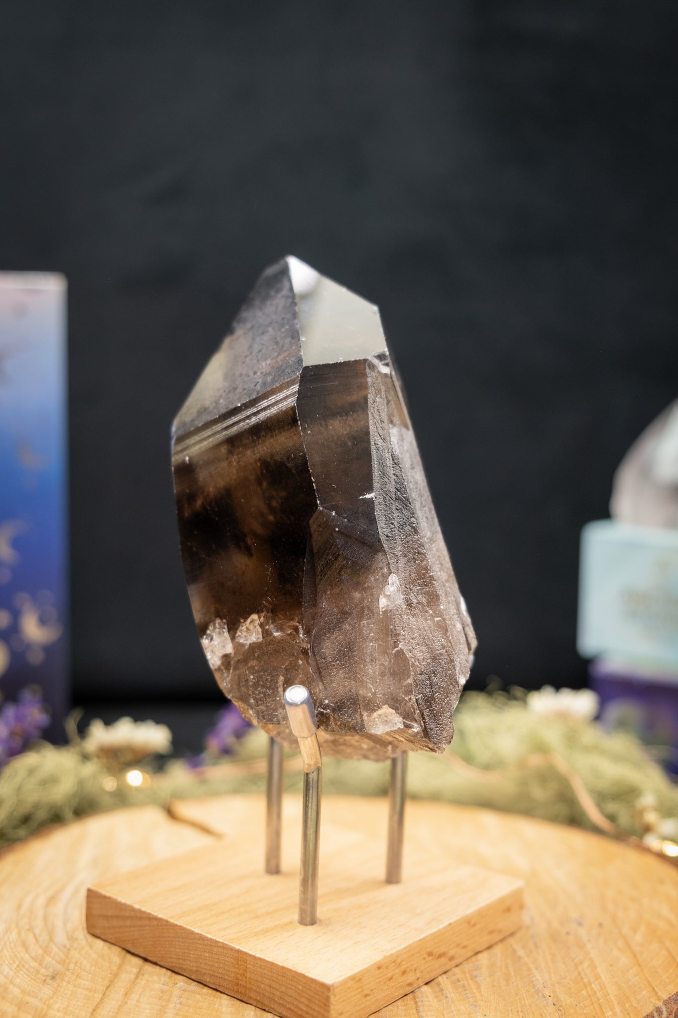 Smokey Lemurian Quartz Key Point on Stand