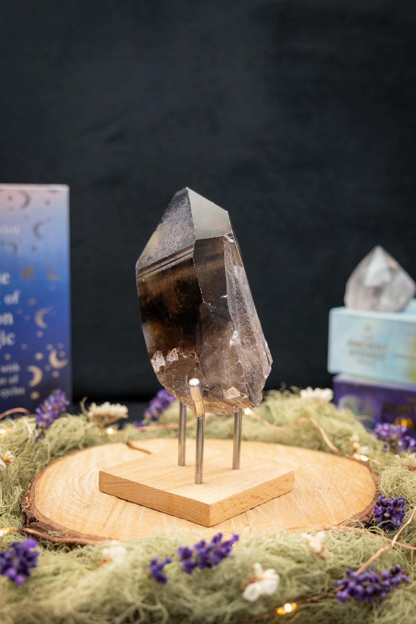 Smokey Lemurian Quartz Key Point on Stand