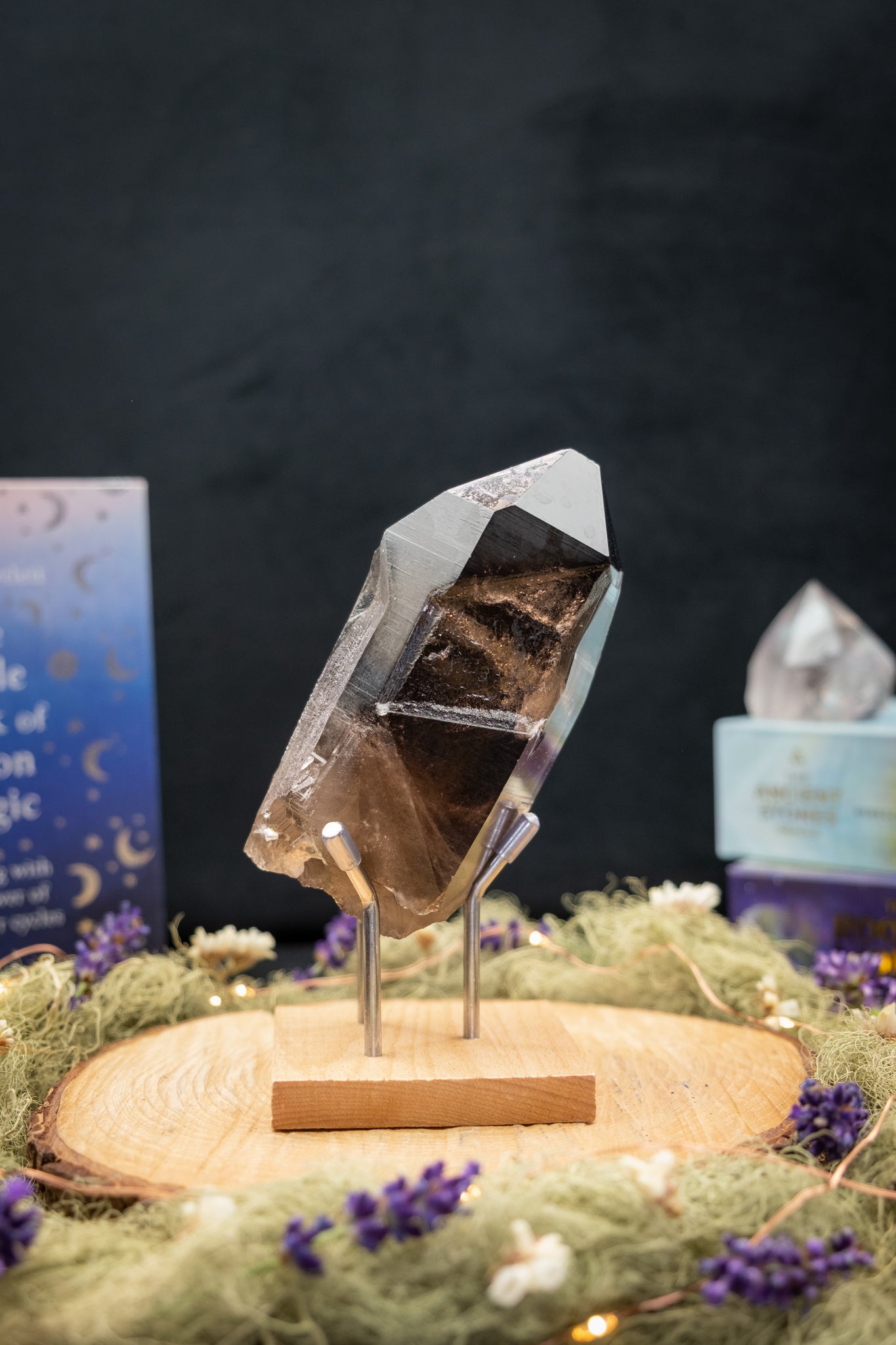 Smokey Lemurian Quartz Key Point on Stand