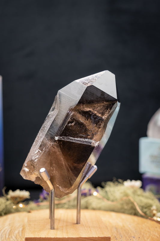 Smokey Lemurian Quartz Key Point on Stand