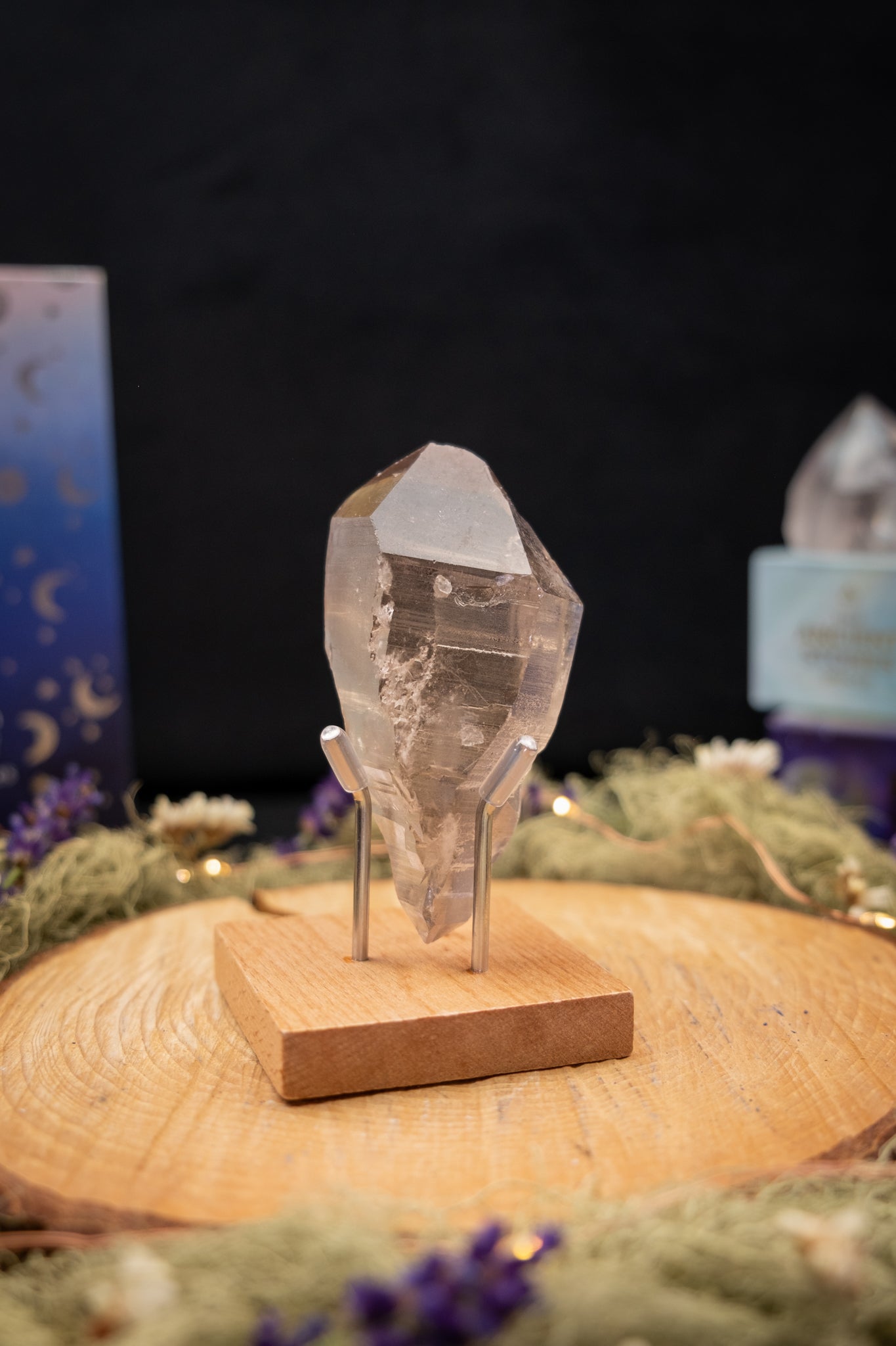 Smokey Lemurian Quartz Point with Rainbow and Barnacle Crystal