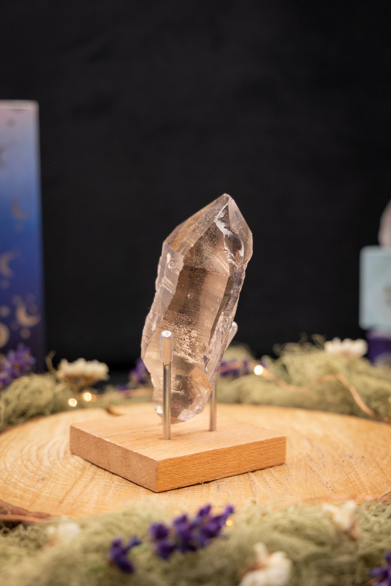 Smokey Lemurian Quartz Point with Rainbow and Barnacle Crystal