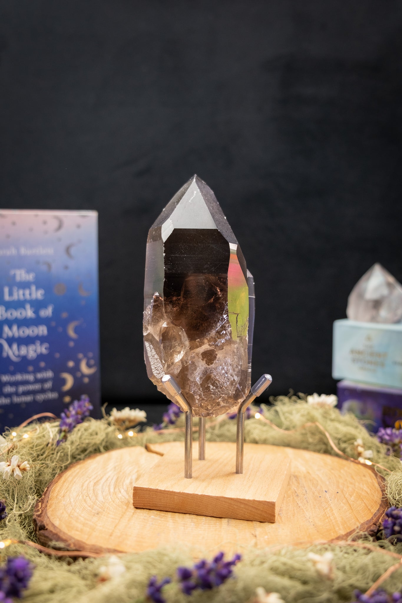 Smokey Lemurian Quartz Family Cluster on Stand