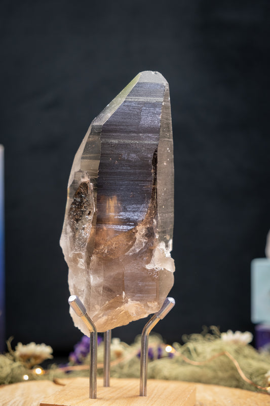 Smokey Lemurian Quartz Point on Stand