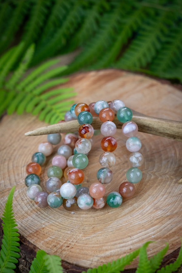 Green Flower Agate crystal bracelet, Crystal of growth and potential, Soothing and calming crystal, Chunky 10mm bead, Sakura Flower Agate.