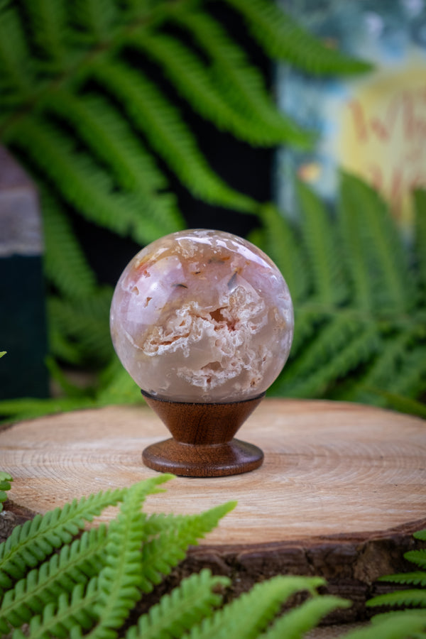 Pink Plume Agate Crystal Sphere, Pink agate, Soothes anxiety whilst healing both emotional & physical wounds.