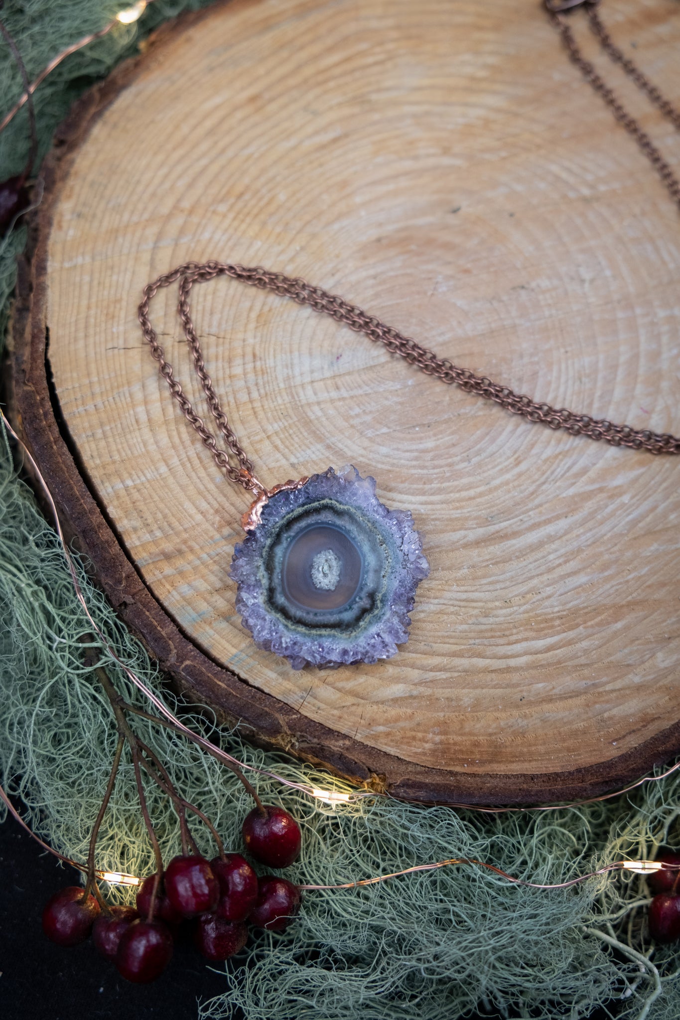Amethyst Solar Quartz Pendant, Copper Crystal Necklace, Handmade Artisan Gemstone Jewellery for Balance and Intuition