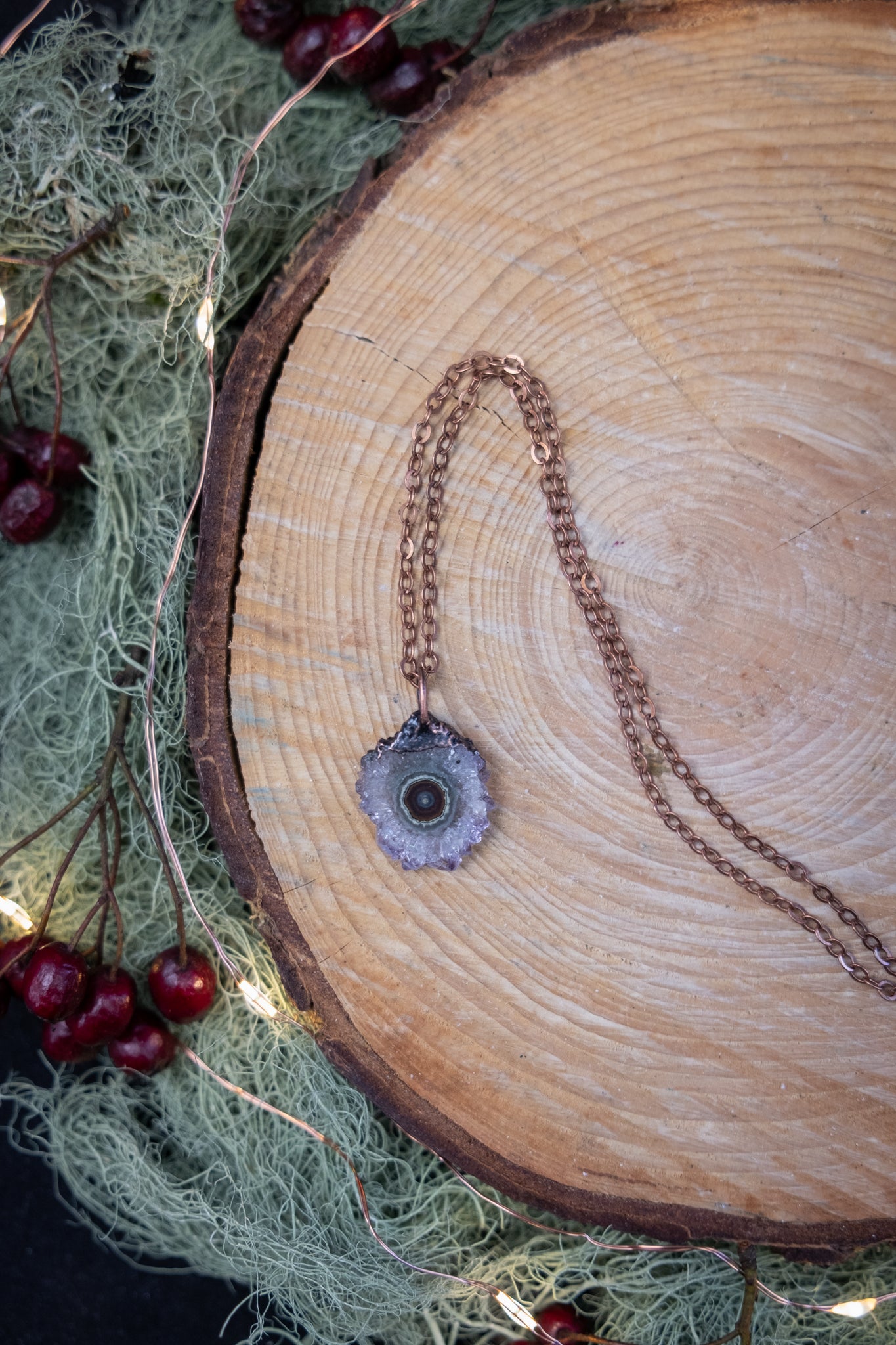 Amethyst Solar Quartz Pendant, Copper Crystal Necklace, Handmade Artisan Gemstone Jewellery for Balance and Intuition