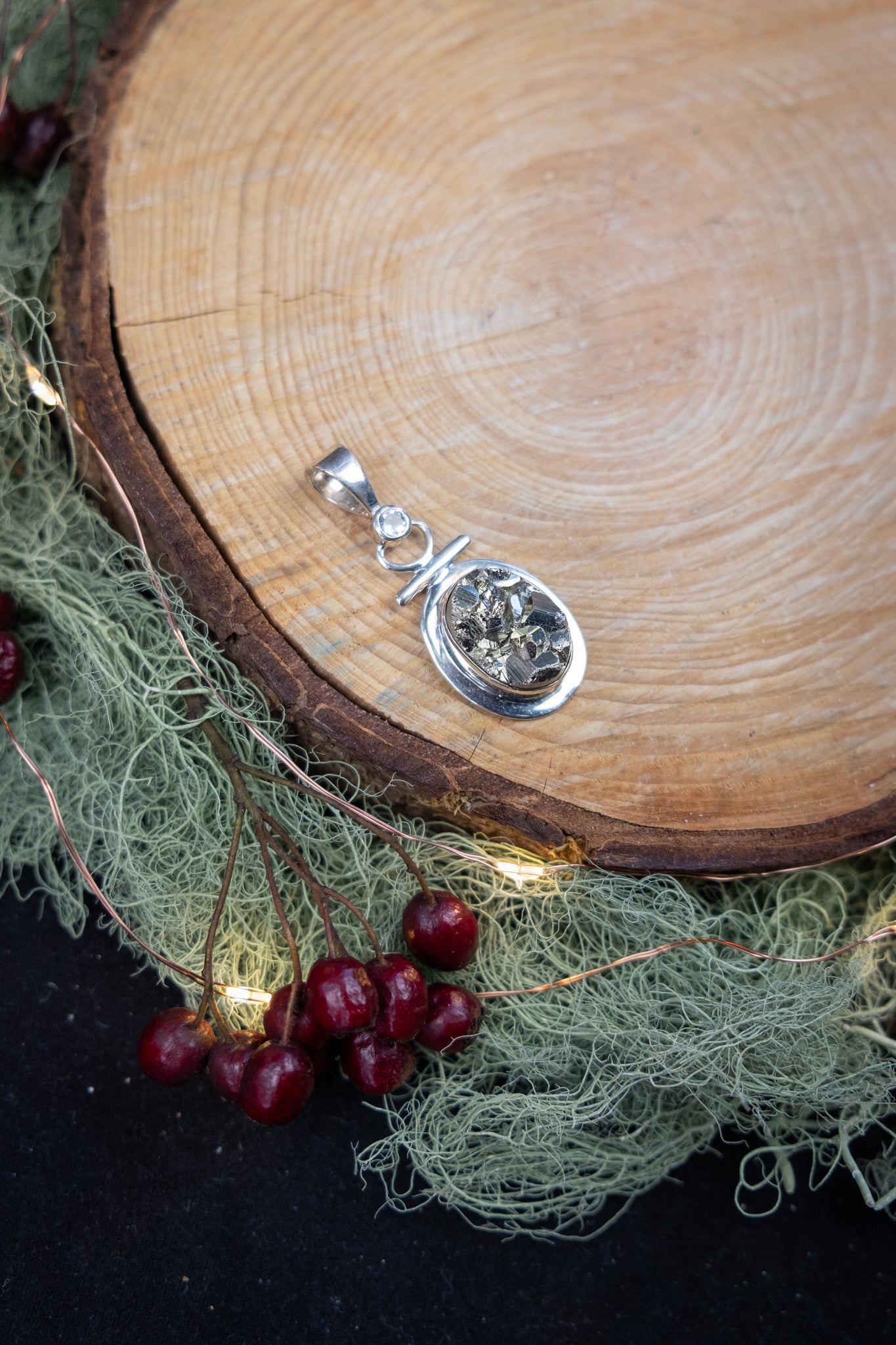 High Grade Pyrite and Amegreen Pendant Sterling Silver Crystal Jewellery, Rare Gemstone for Protection and Heart Healing