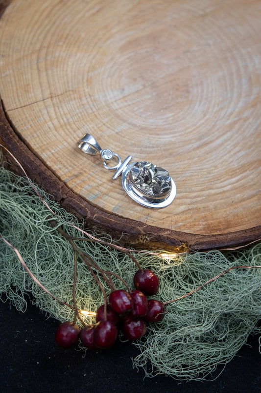 High Grade Pyrite and Amegreen Pendant Sterling Silver Crystal Jewellery, Rare Gemstone for Protection and Heart Healing